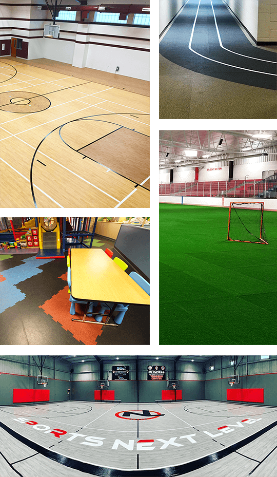 Pictures of gyms, turf, tracks, and classrooms